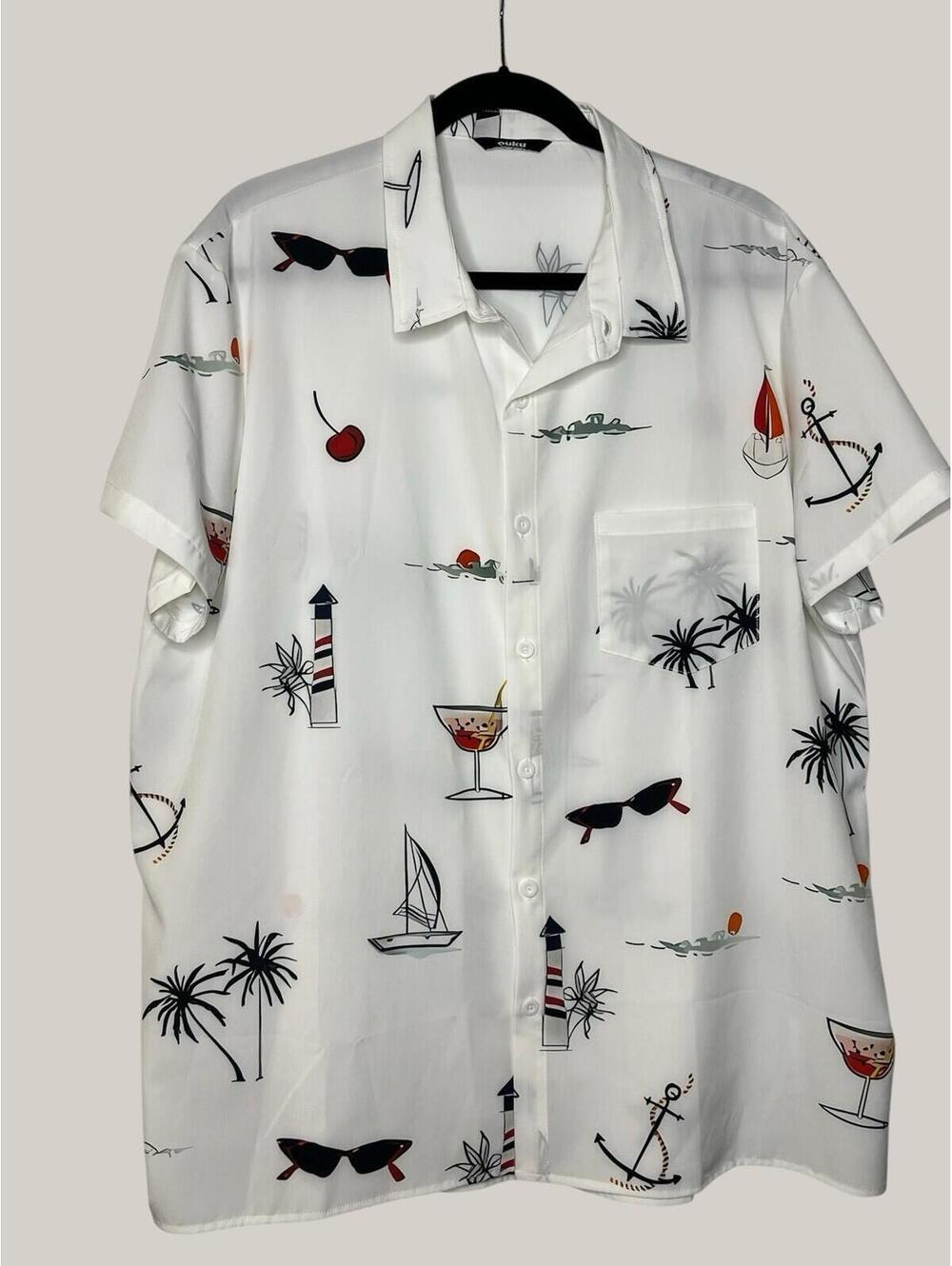 Ouku Men's 2XL Polyester Short Sleeve Point Collar Beach Nautical Print Shirt
